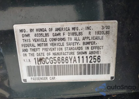 2000 Honda Accord 2.3 Ex from USA, damaged, VIN 1HGCG5666YA111256